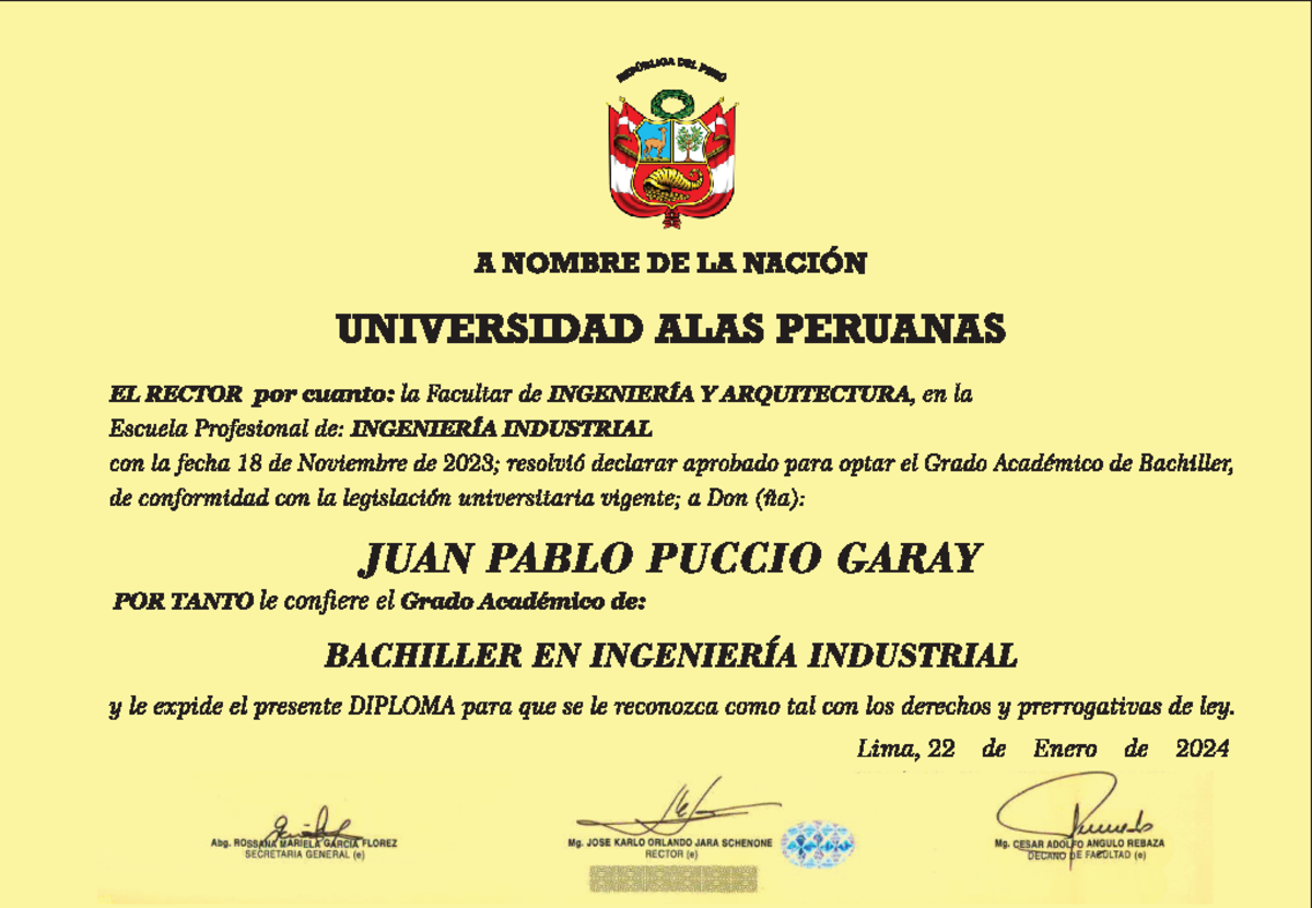 Diploma de Bachiller en Ingeniería Industrial - UAP 2024 - Document Preview
