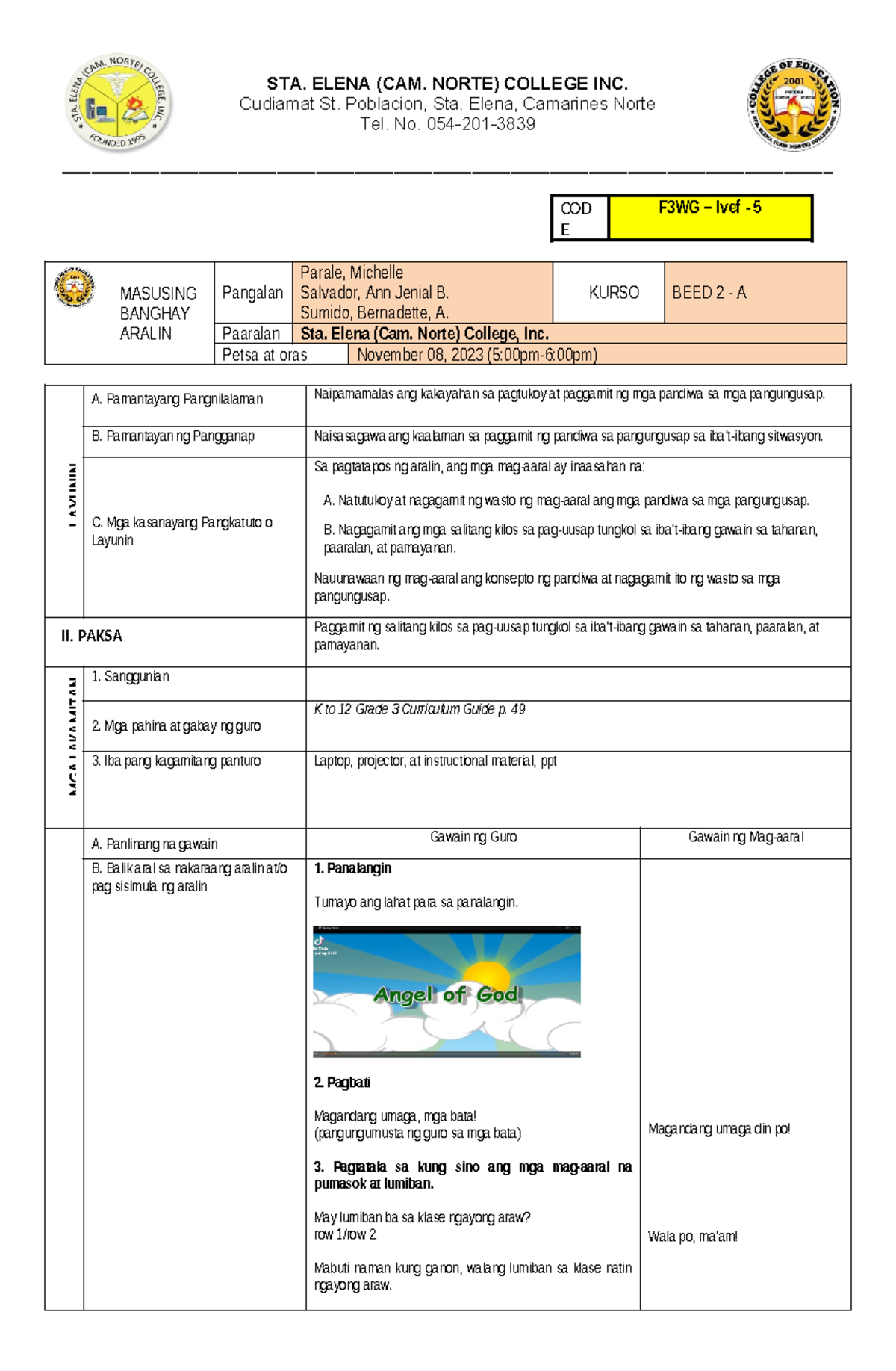Lesson-plan-filipino - STA. ELENA (CAM. NORTE) COLLEGE INC. Cudiamat St ...