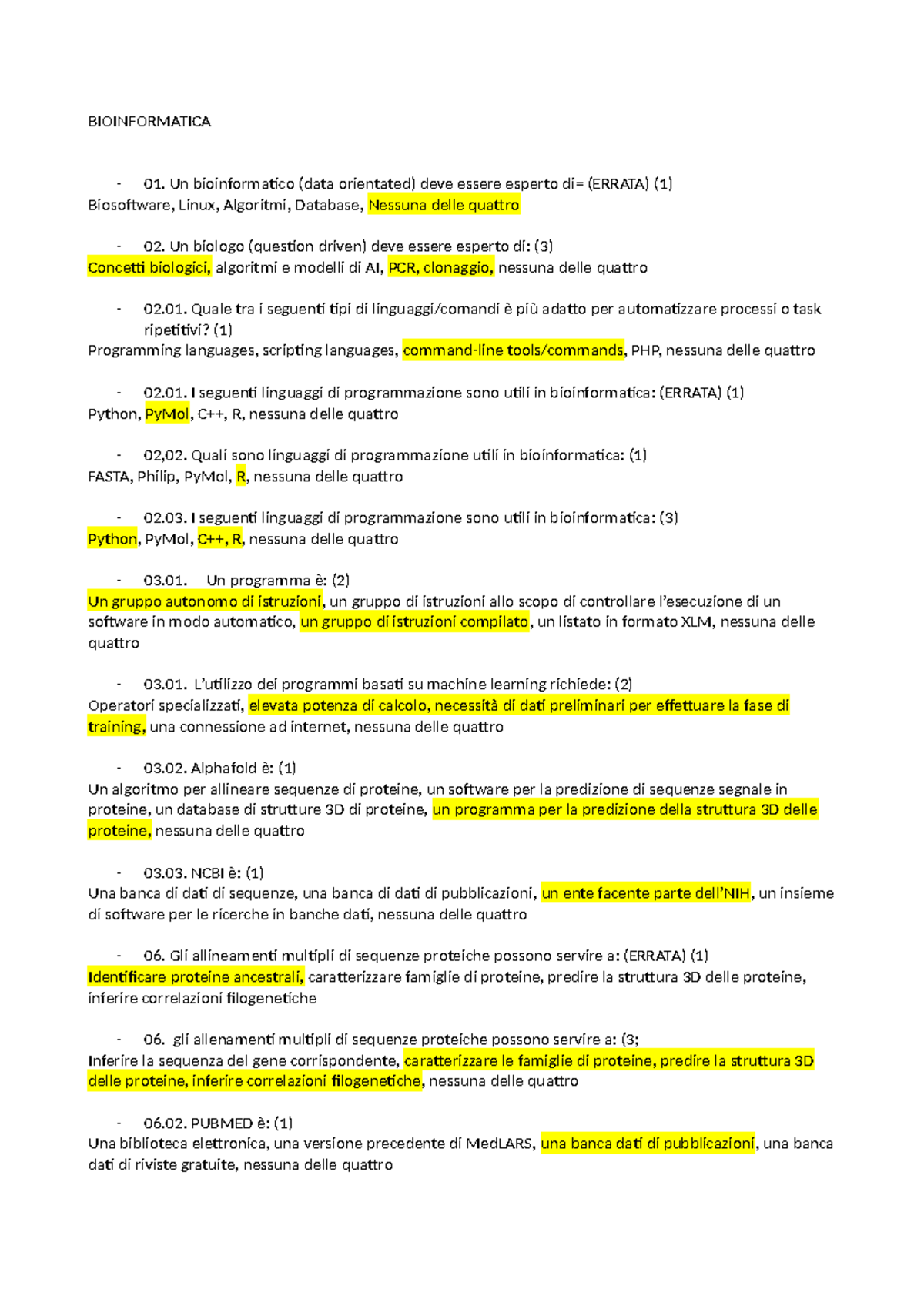 BIOINFORMATICA 01: Domande e Risposte per Esame di Bioinformatica - Document Preview