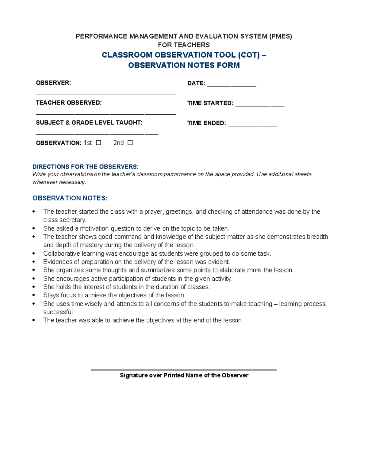 COT Observation Notes Form for PMES: Teacher Performance Evaluation ...