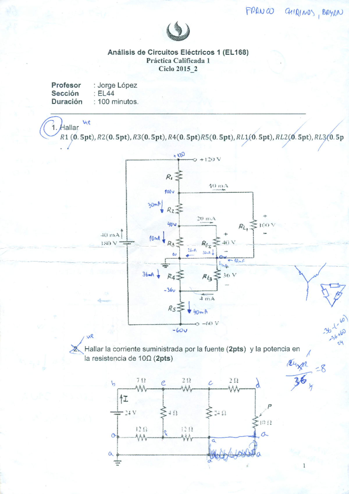 PC1 Práctica Calificada Análisis de Circuitos Eléctricos I EL168 2015-2 - Document Preview
