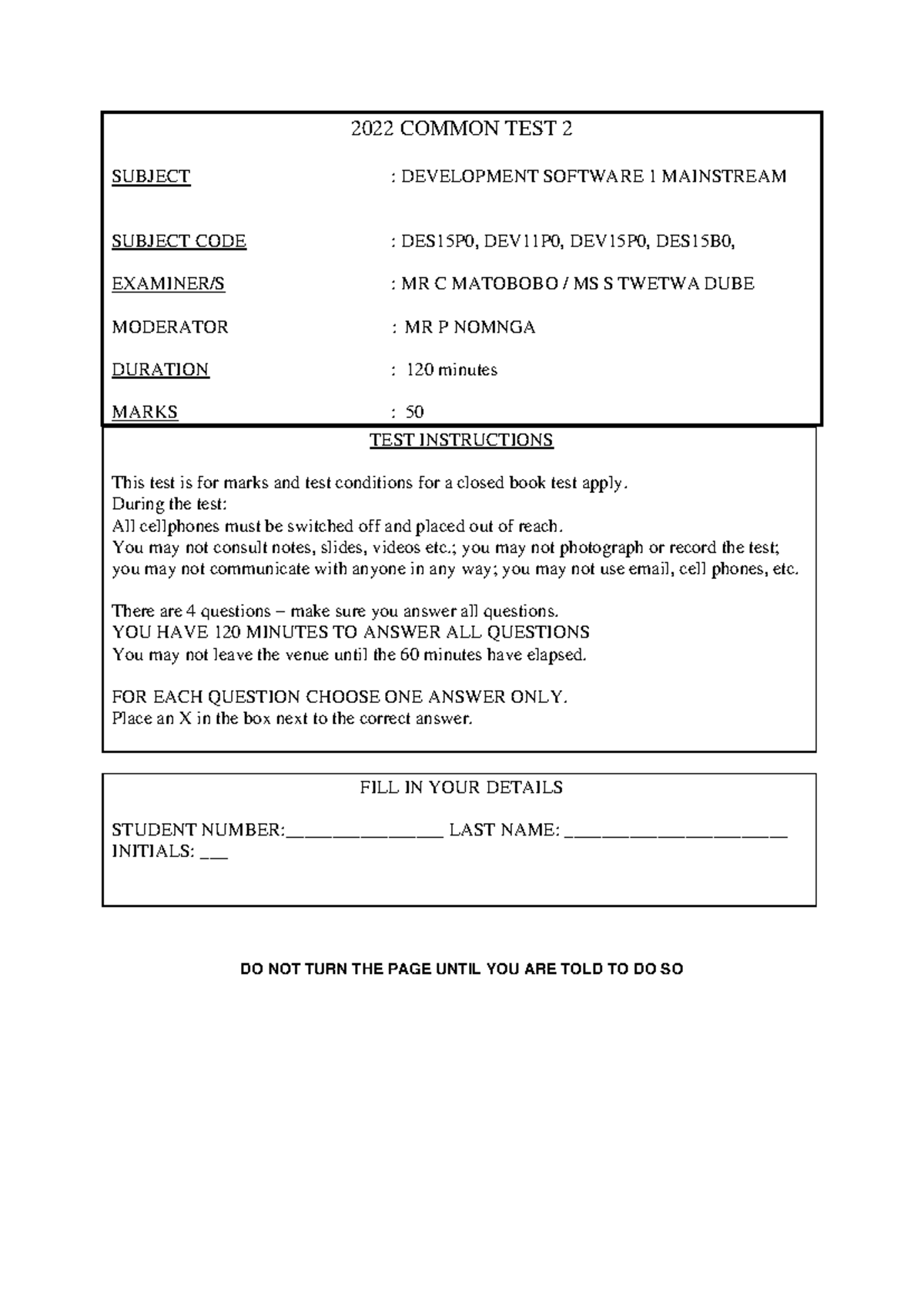 2022 DEV1 Common Test 2: Development Software Exam Instructions ...
