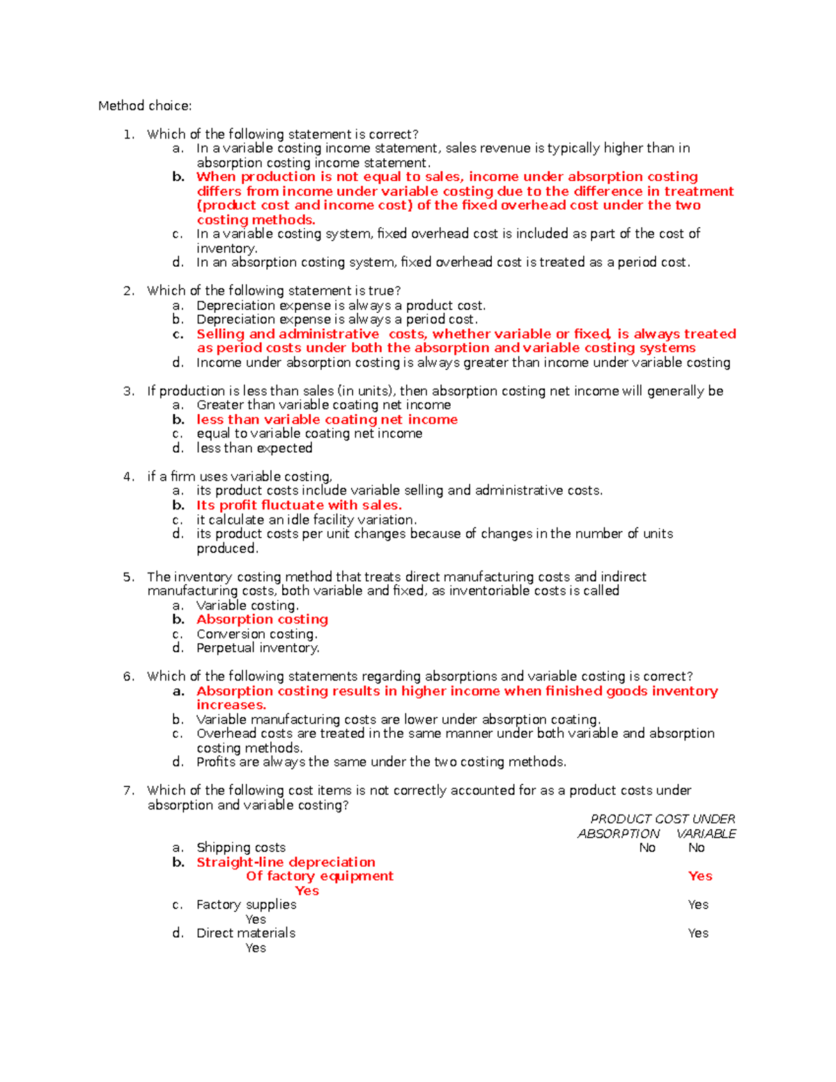 749628256 Final Exam Notes: Absorption vs. Variable Costing Methods ...