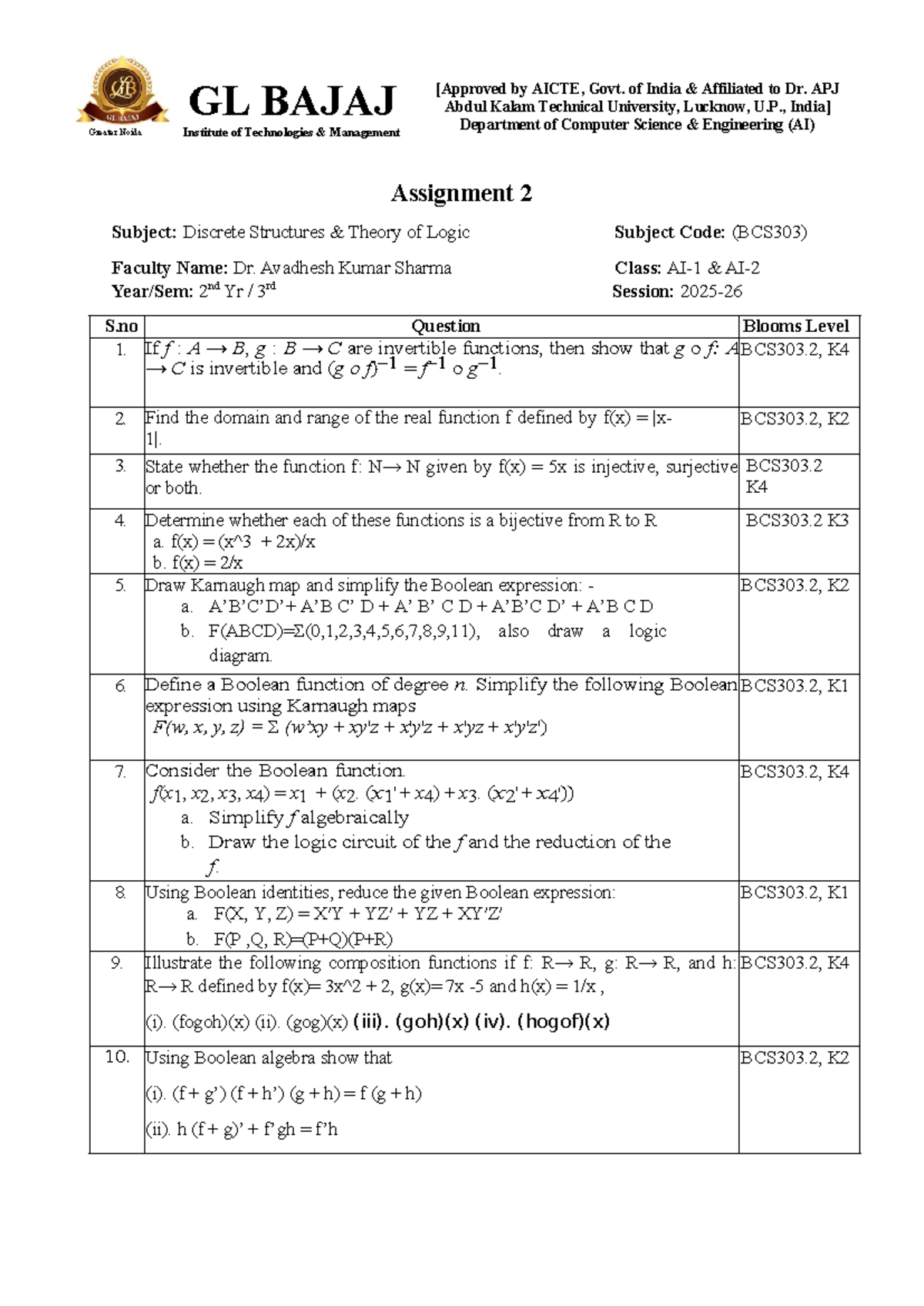 Assignment 2: Discrete Structures (BCS303) - Logic Theory Notes - Studocu