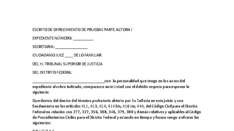 Ofrecimiento de Pruebas Parte Actora I - Expediente Judicial - Studocu