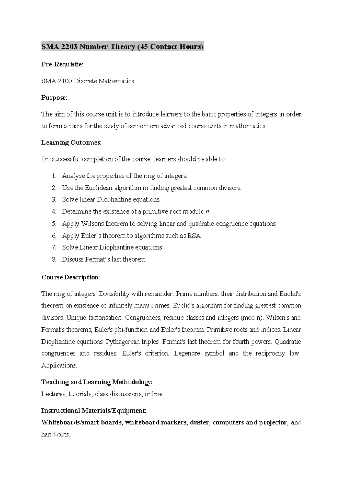 SMA 2203 Number Theory - Comprehensive Lecture Notes for Students - Studocu