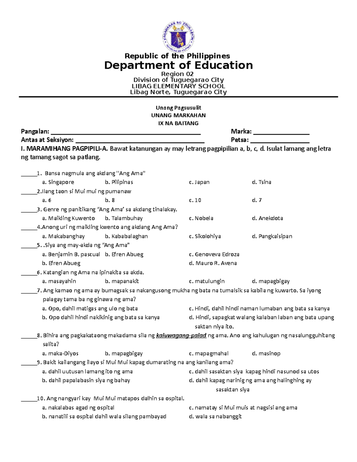 Summative Test 1: Grade 9 Filipino Language Assessment - Document Preview