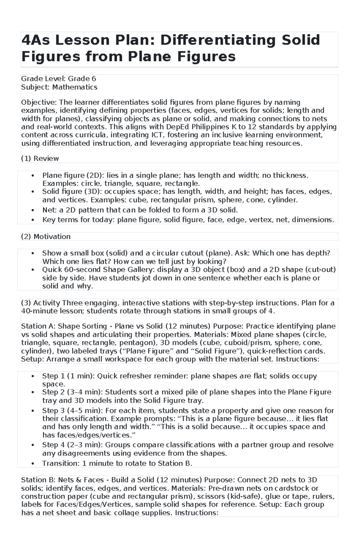 4As Lesson Plan: Differentiating Solid and Plane Figures (Grade 6 ...