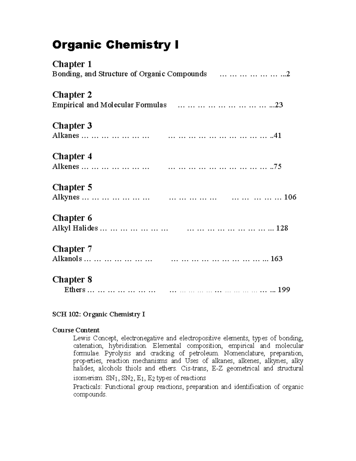 SCH 102: Organic Chemistry I Detailed Notes on Bonding and Structure ...