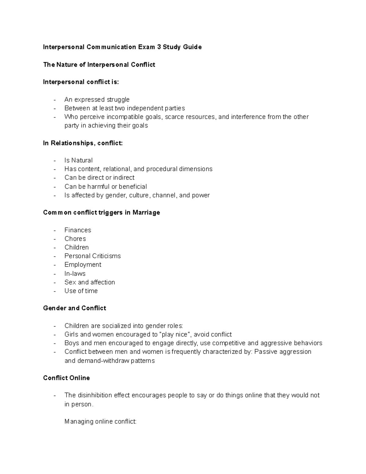 Interpersonal Communication Exam 3 Study Guide: Conflict Management ...