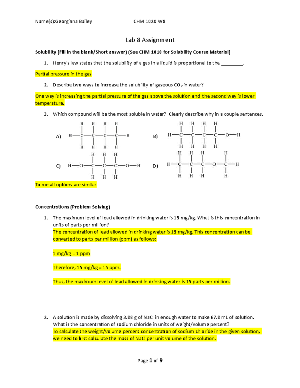 Chm1020 w8 lab assignment - Lab 8 Assignment Solubility (Fill in the ...