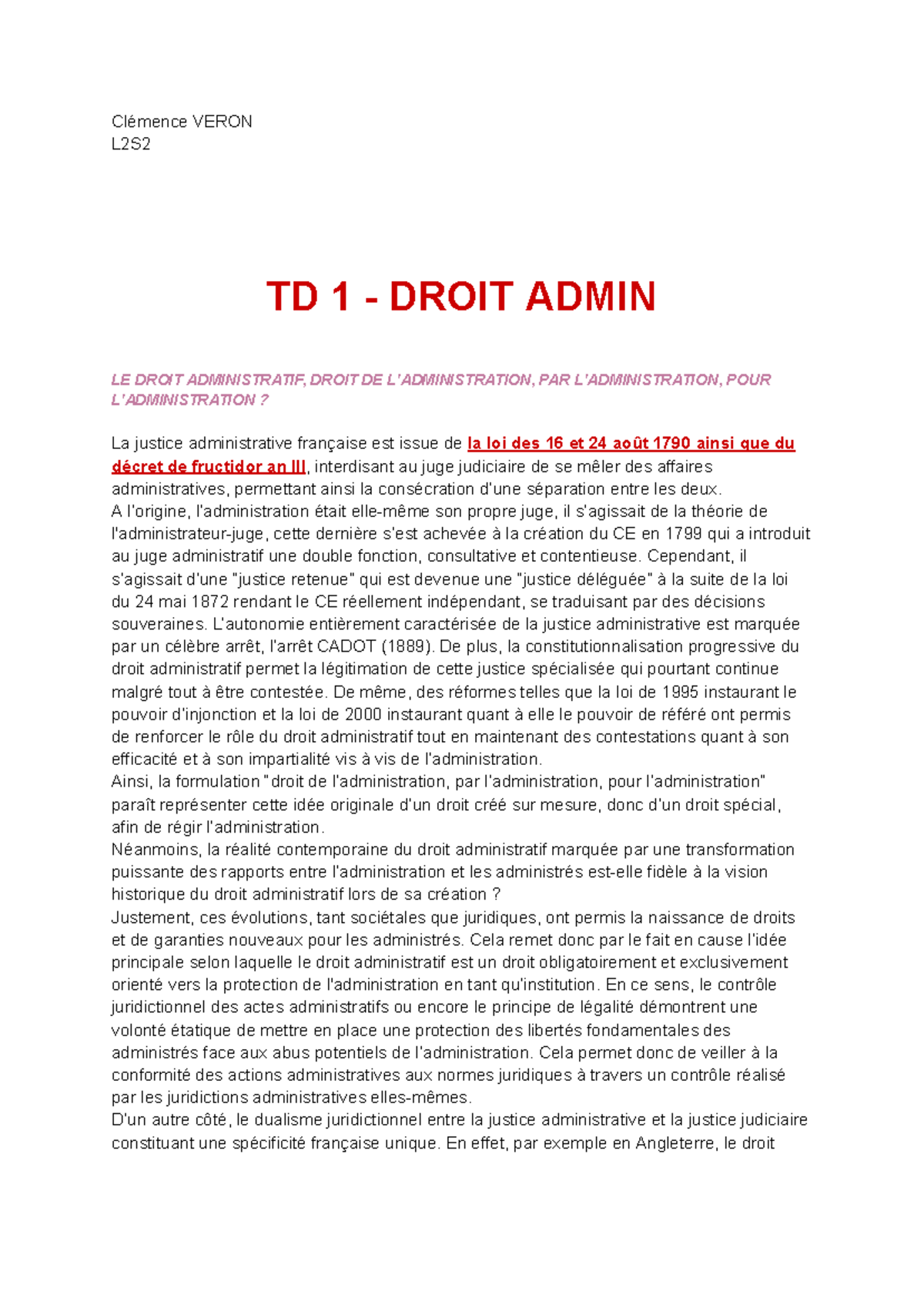 TD 1 Droit Administratif : Évolution et Défis de la Justice TD 1 Droit Administratif : Évolution et Défis de la Justice