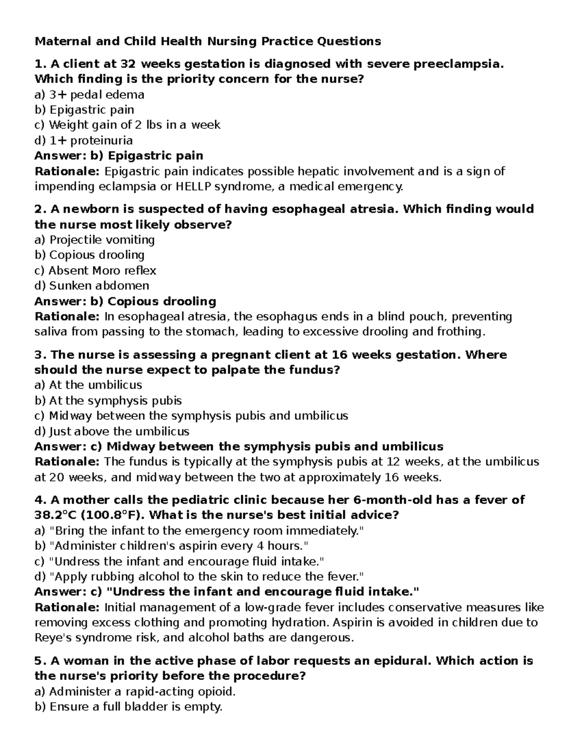 Maternal and Child Health Nursing Practice Questions (MCH 101) - Studocu