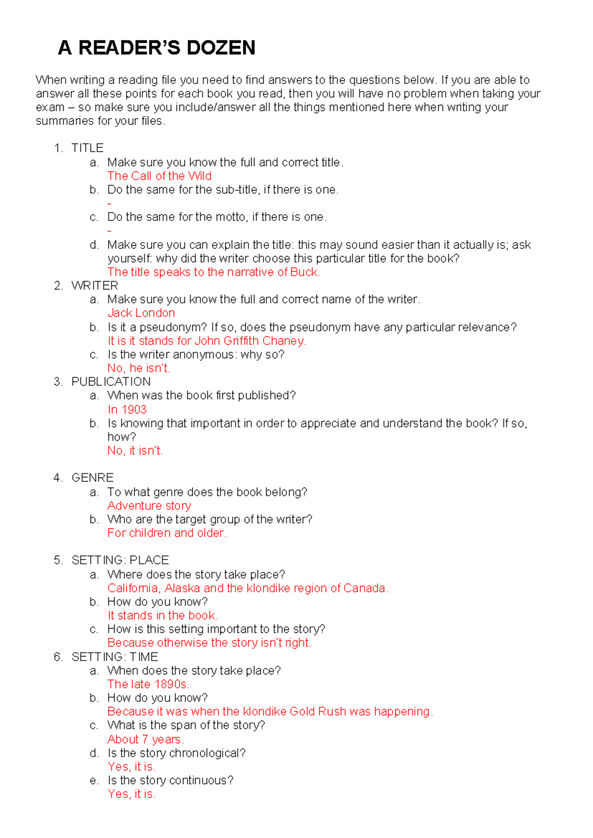 Verslag engels: Reader's Notes on The Call of the Wild (ENG 101 ...