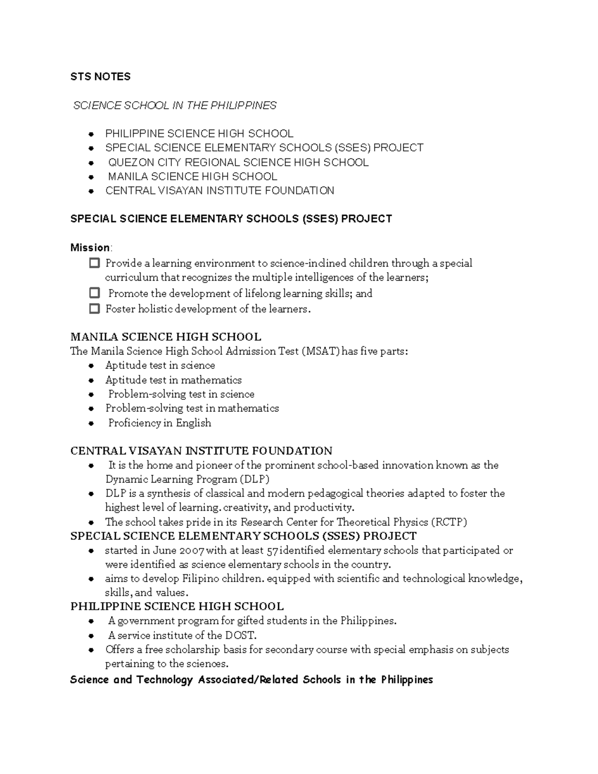 STS Notes: Science Education and Innovations in the Philippines - Studocu