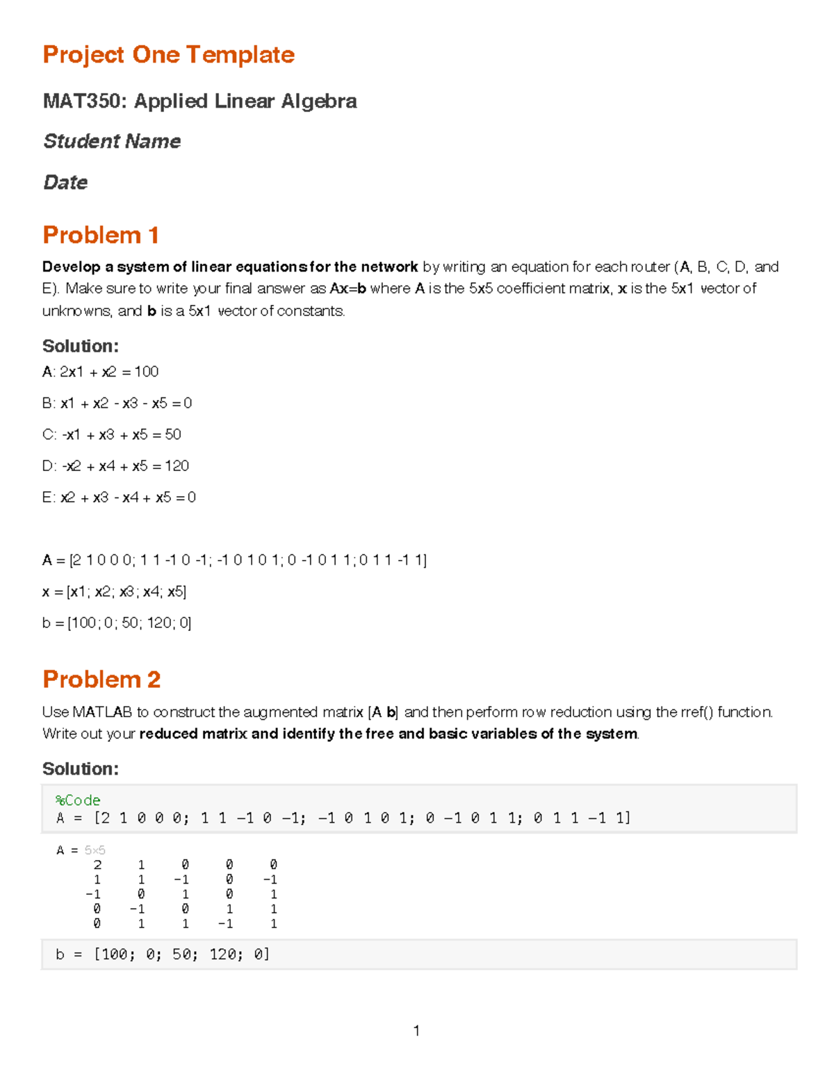 MAT350 Project One: Linear Algebra Network Analysis and Solutions - Studocu