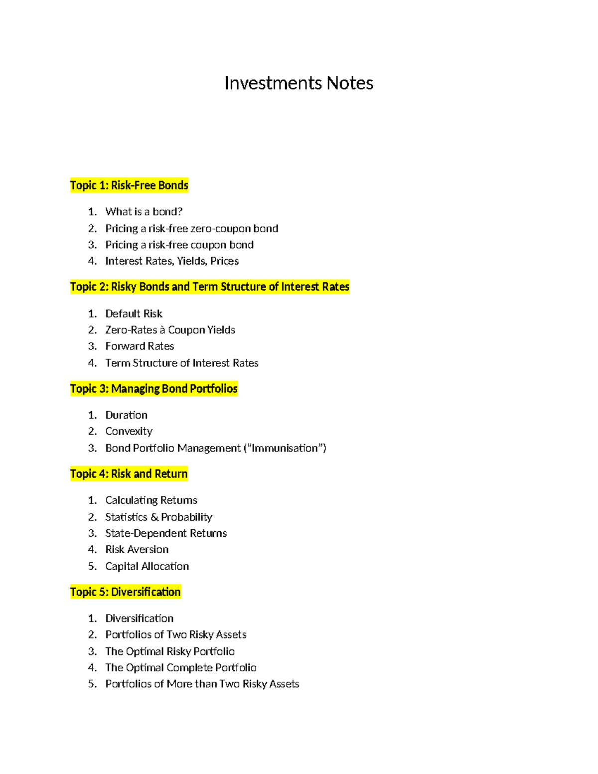 Investments Notes (FIN 101): Summary of Key Topics and Concepts - Studocu
