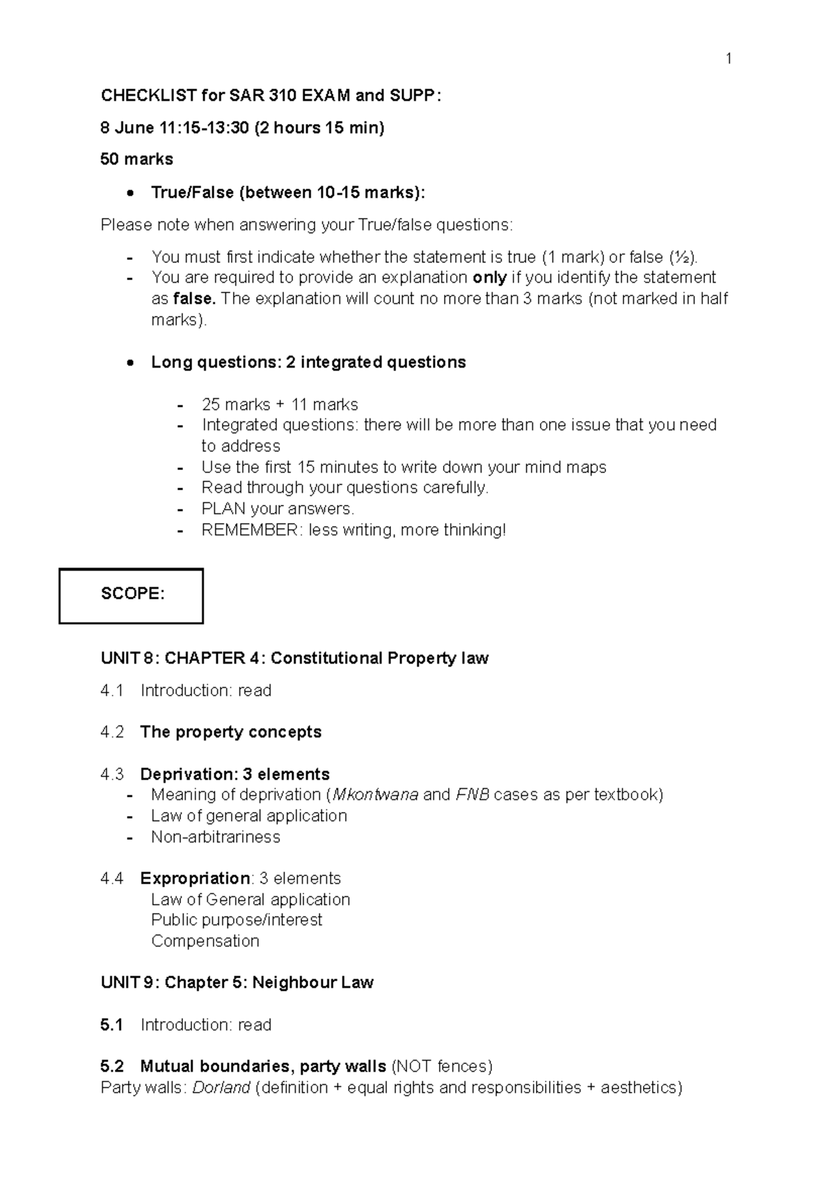 Checklist for SAR 310 Final Exam - 8 June (2h 15m, 50 Marks) - Studocu