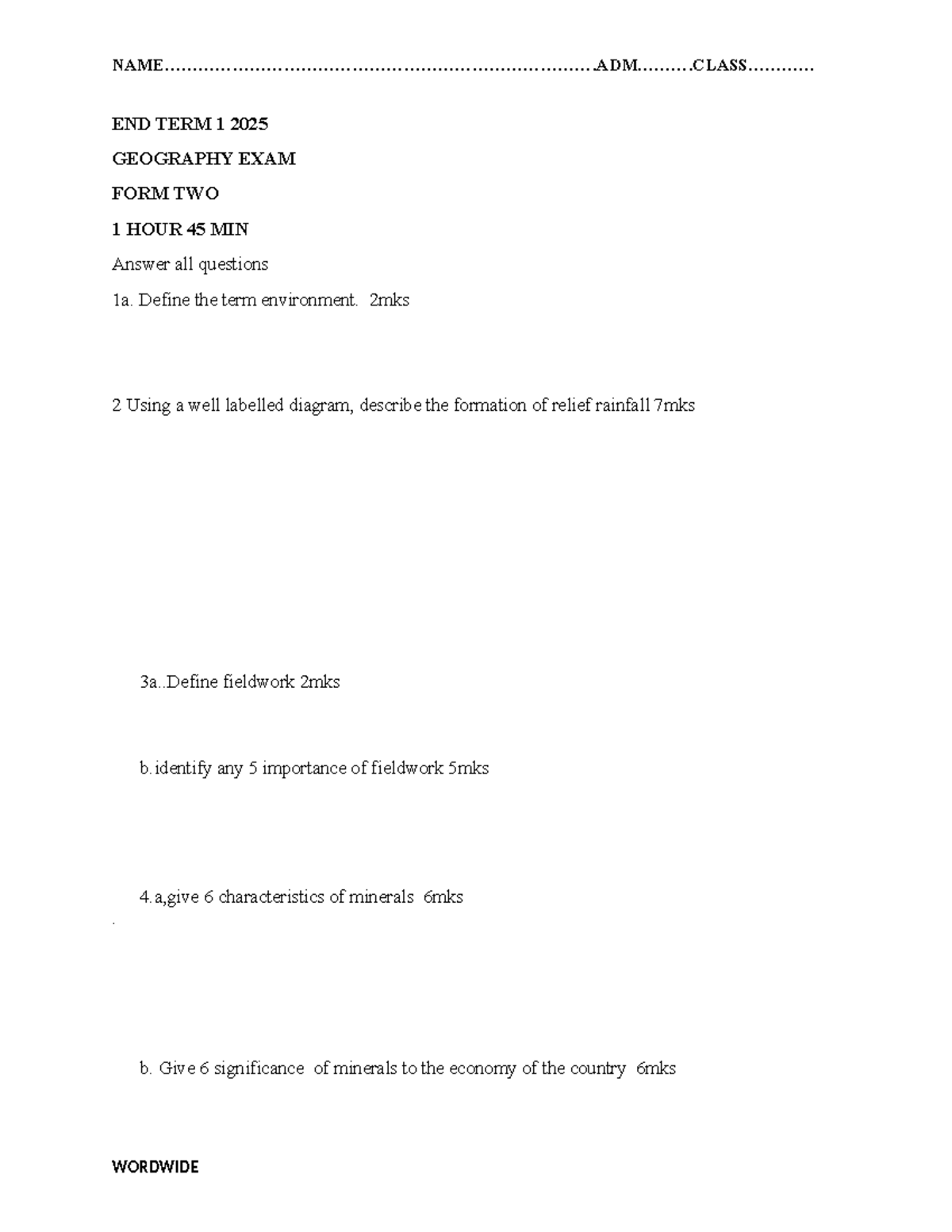 End term 1 2025 geography exam form two notes - Studocu