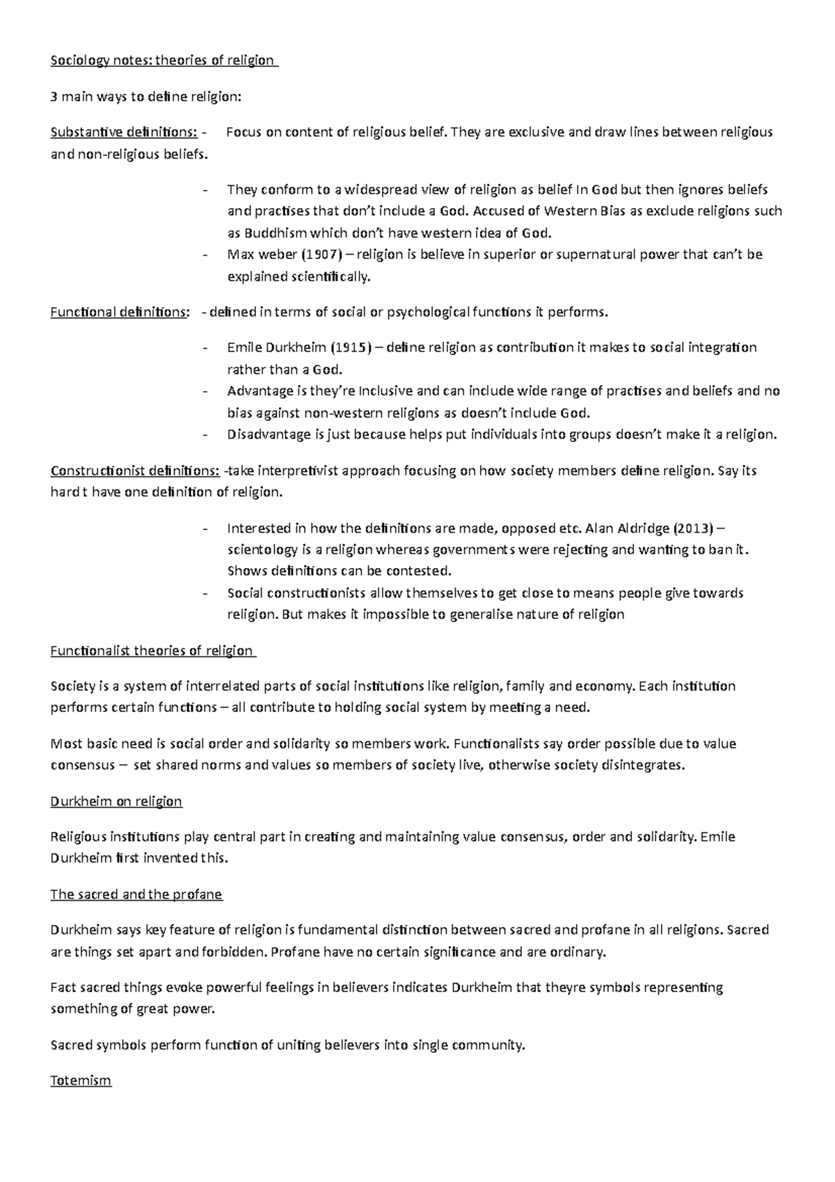 Sociology Notes: Theories of Religion and Their Functions - Studocu