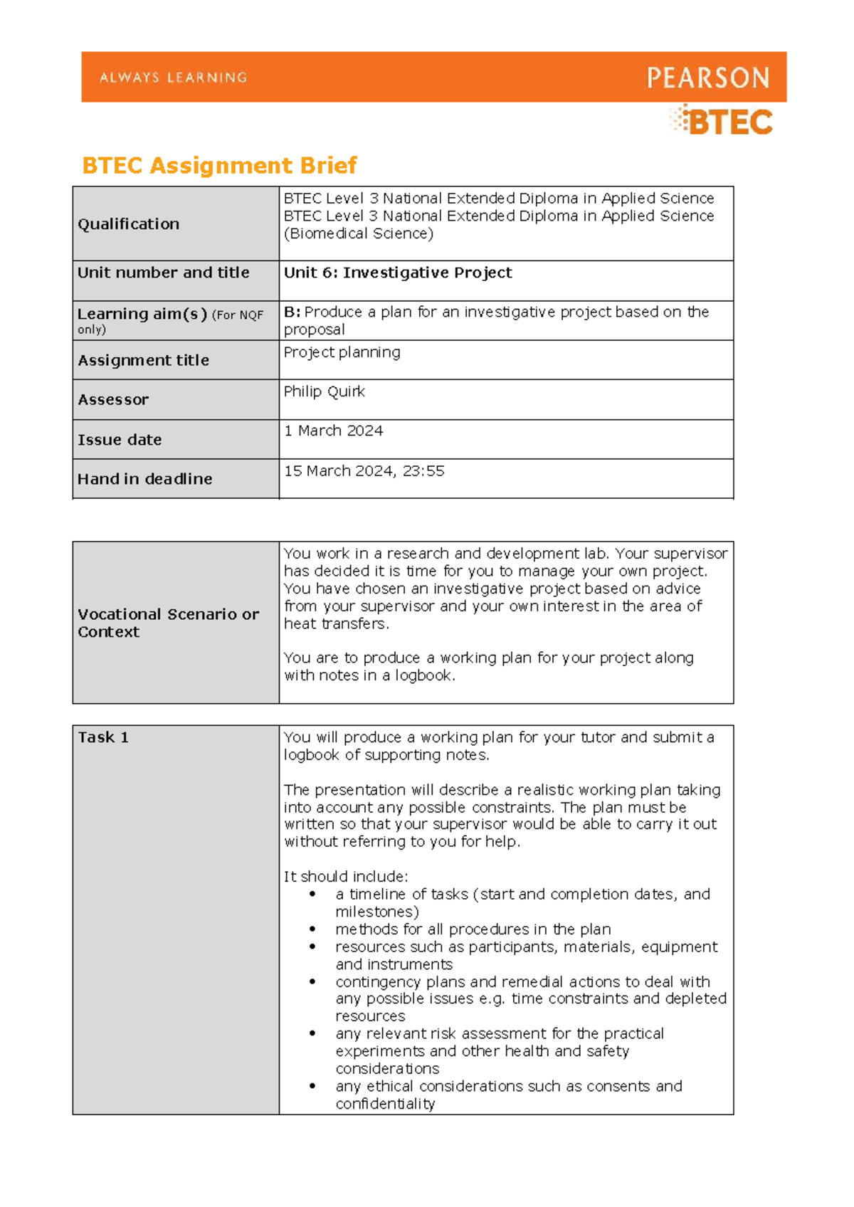 BTEC Level 3 Unit 6 Investigative Project Assignment Brief - Learning ...