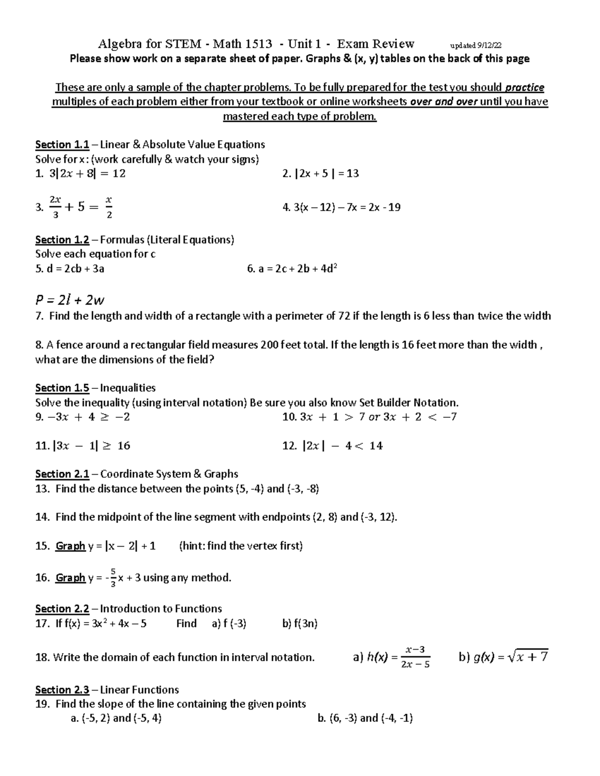 Algebra for STEM Math 1513 Unit 1 Exam Review Guide - Studocu