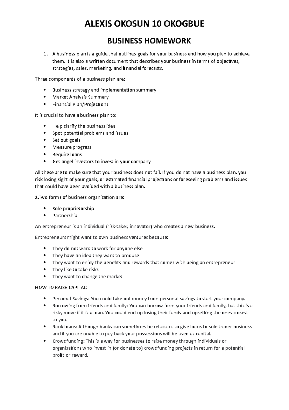 BUS 101: Business Homework - Theory of Business Plans and Capital - Studocu