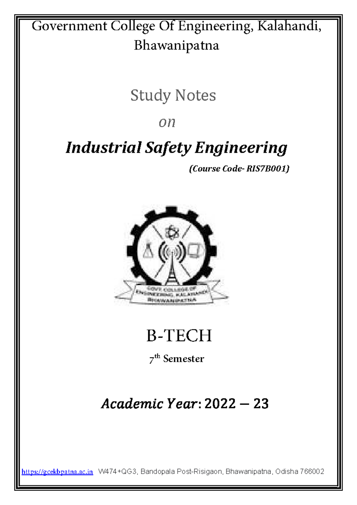 Study Notes on Industrial Safety Engineering (RIS7B001) - 7th Sem - Studocu