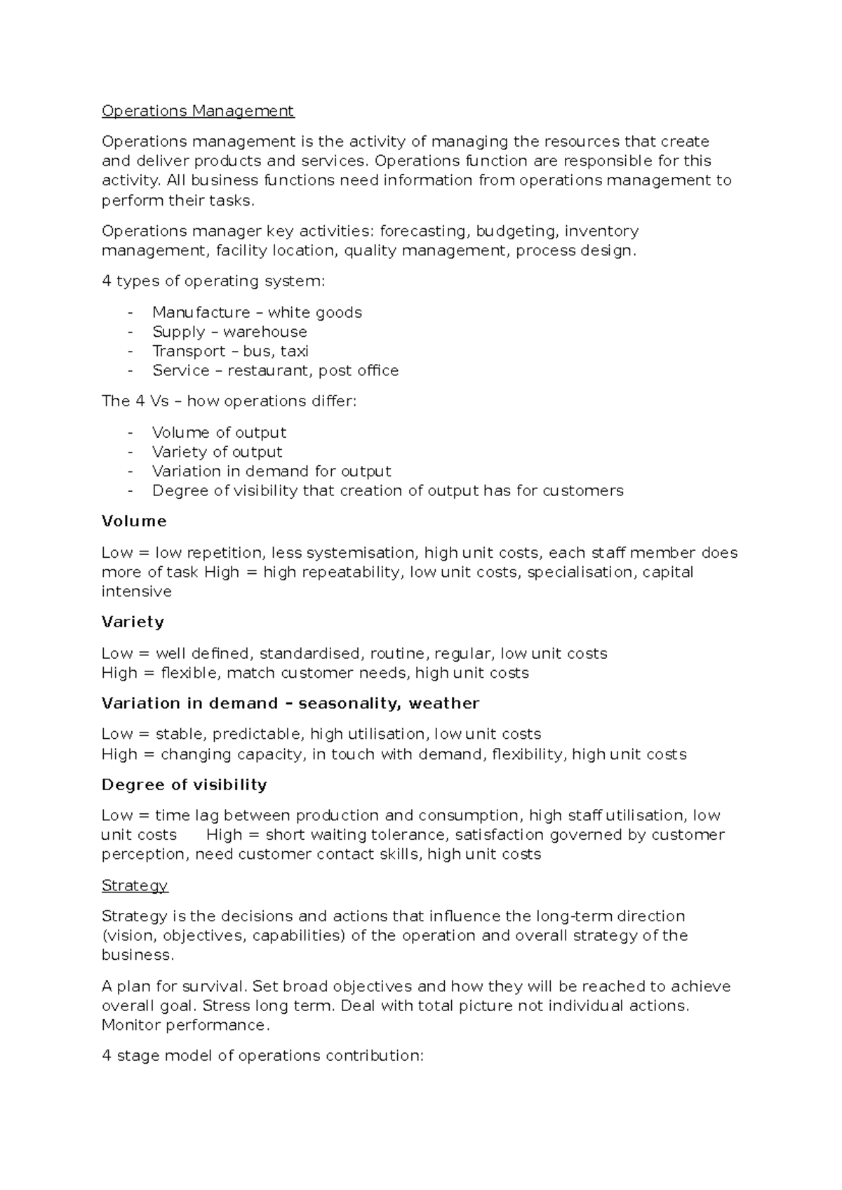 Operations 1-4 - Summary notes on topics 1 to 4 - Operations Management ...