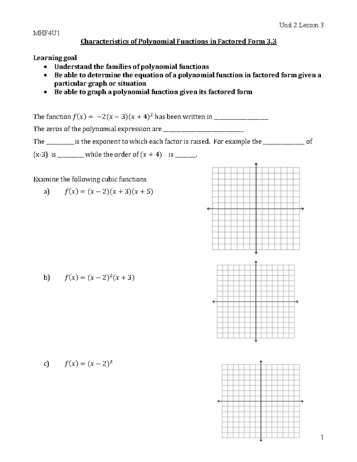 Unit 2 Lesson 3 MHF4U1 Characteristics of Polynomial Functions - Studocu