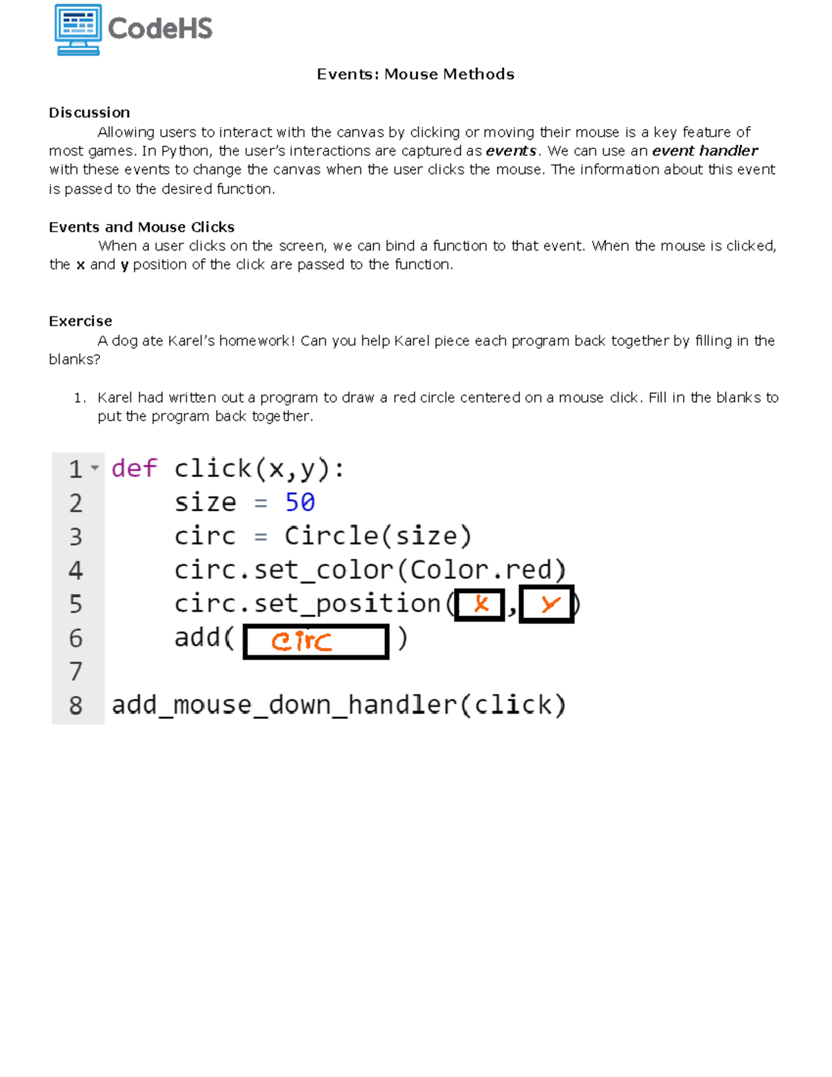 [CSP Python] Final Exam - Events and Mouse Methods Explained - Studocu