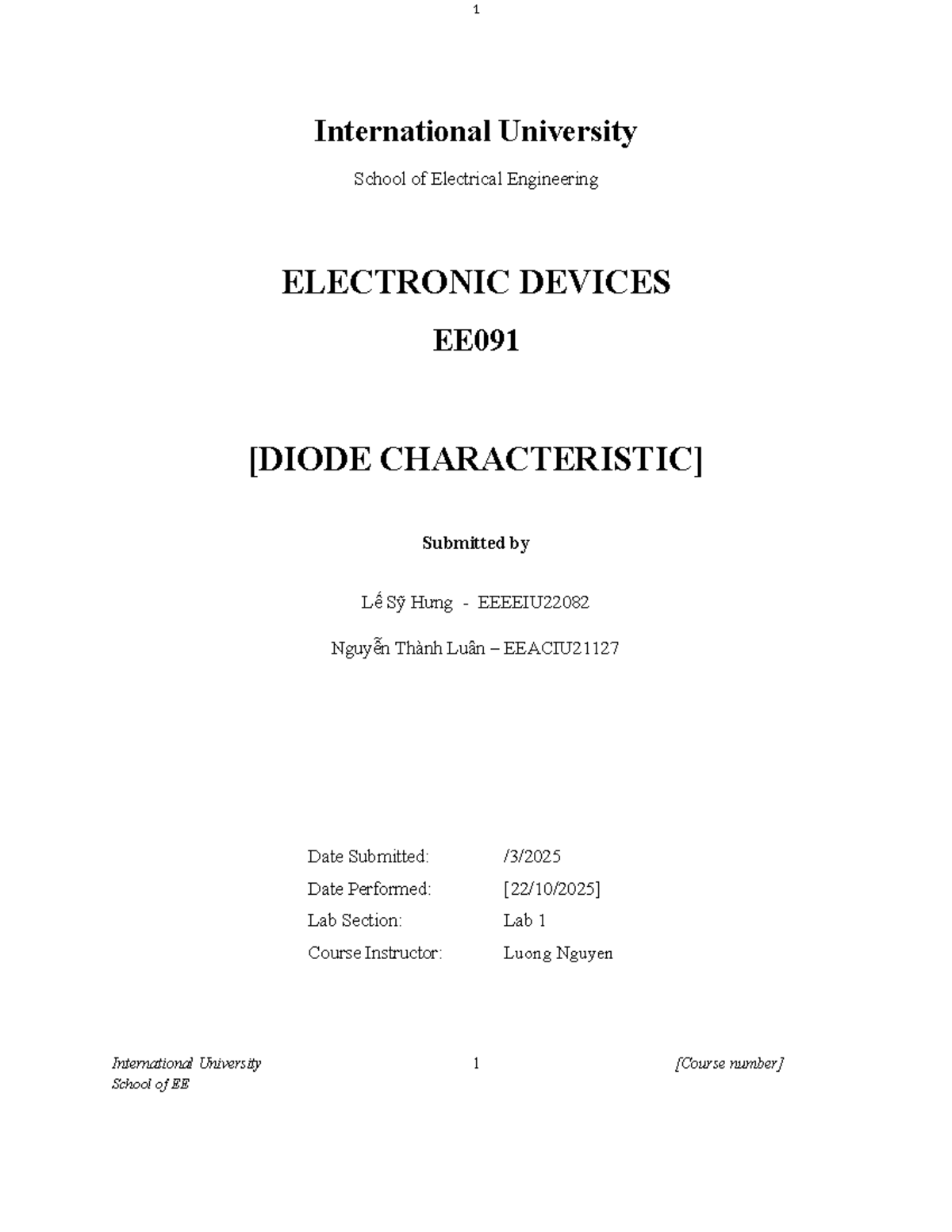Lab 1 Report: Electronic Devices EE091 - Diode Behavior Analysis - Studocu