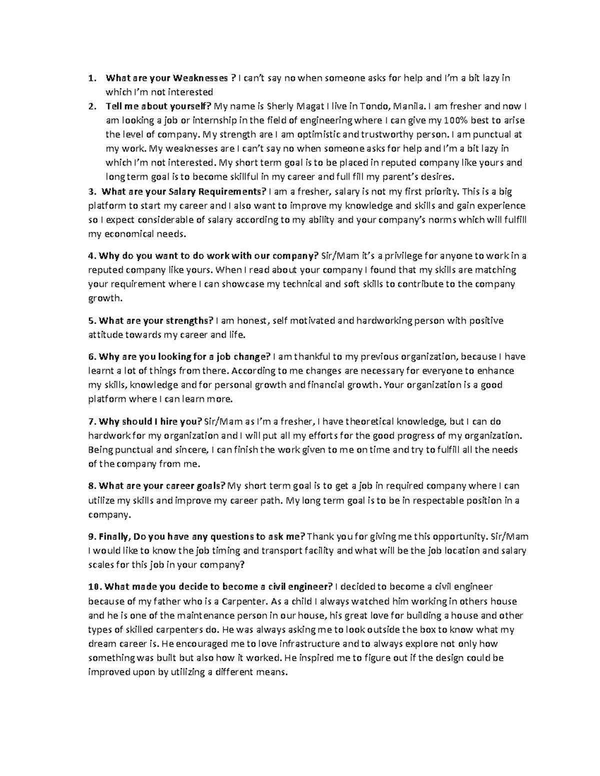 Interview Questions for Engineering Internship Applicants - Studocu