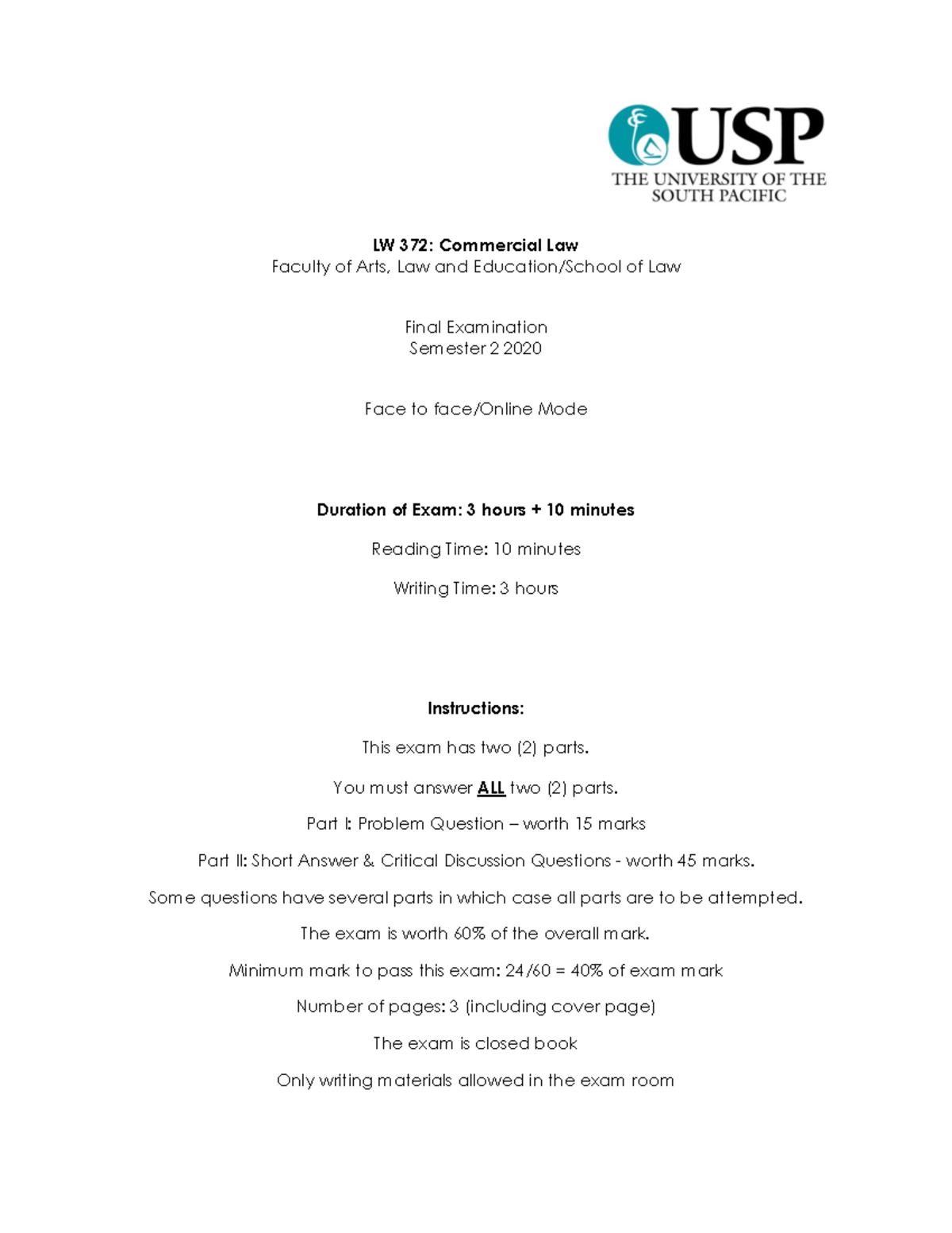 LW372 Final Exam - Commercial Law Paper (Semester 2, 2020) - Studocu
