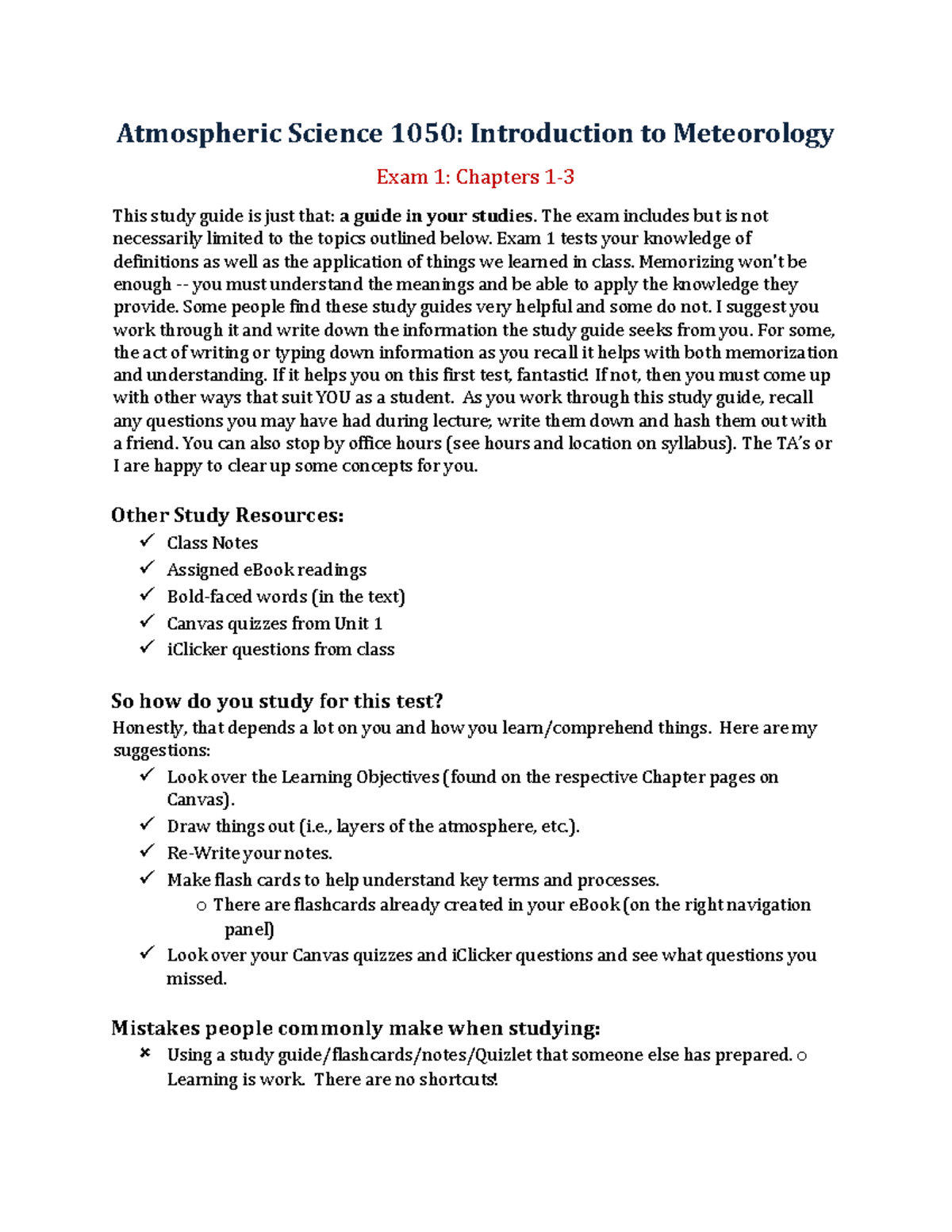 Meteorology 1050: Exam 1 Study Guide for Chapters 1-3 - Studocu