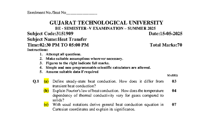 Heat Transfer Exam Notes - GUJARAT TECHNOLOGICAL UNIVERSITY 3151909 ...