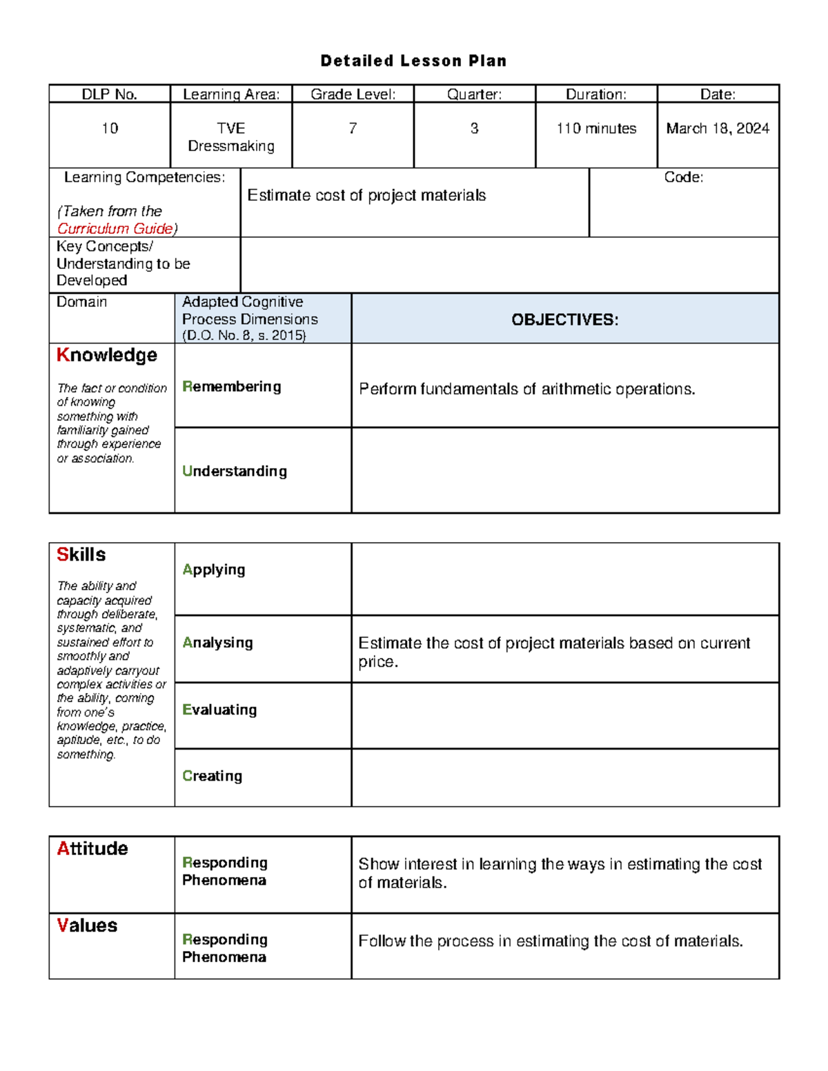 DLP No. 10: Dressmaking Lesson Plan on Estimating Material Costs - Studocu