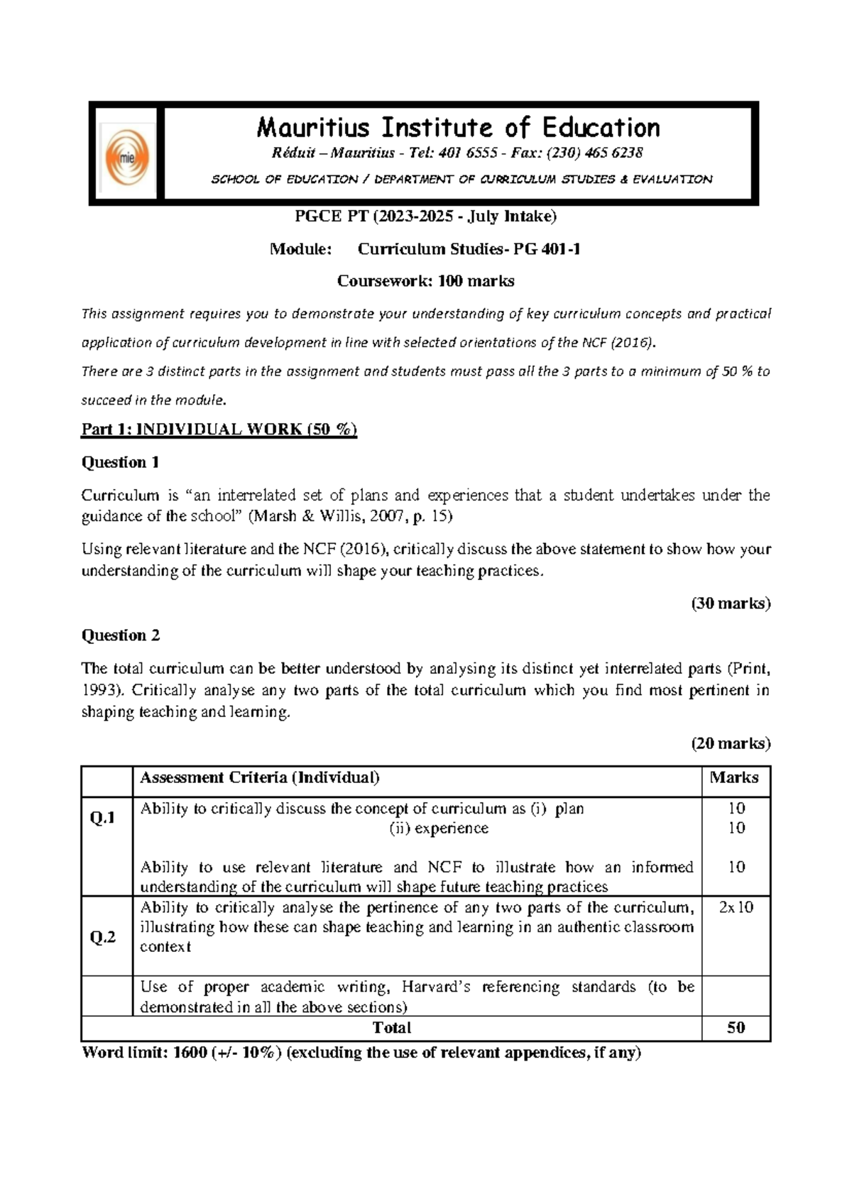 PGCE PT July 23-25 Coursework Curriculum Studies - Mauritius Institute ...