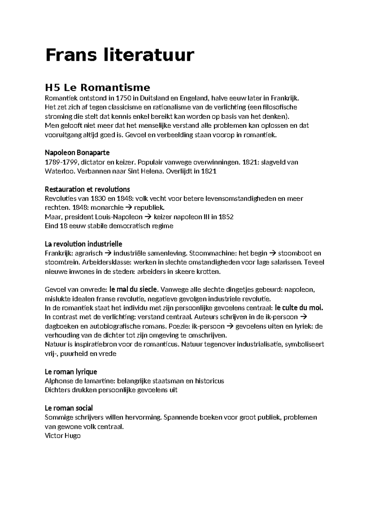 Frans literatuur H5-H7: Romantisme, Realisme, en Modernisme - Studeersnel
