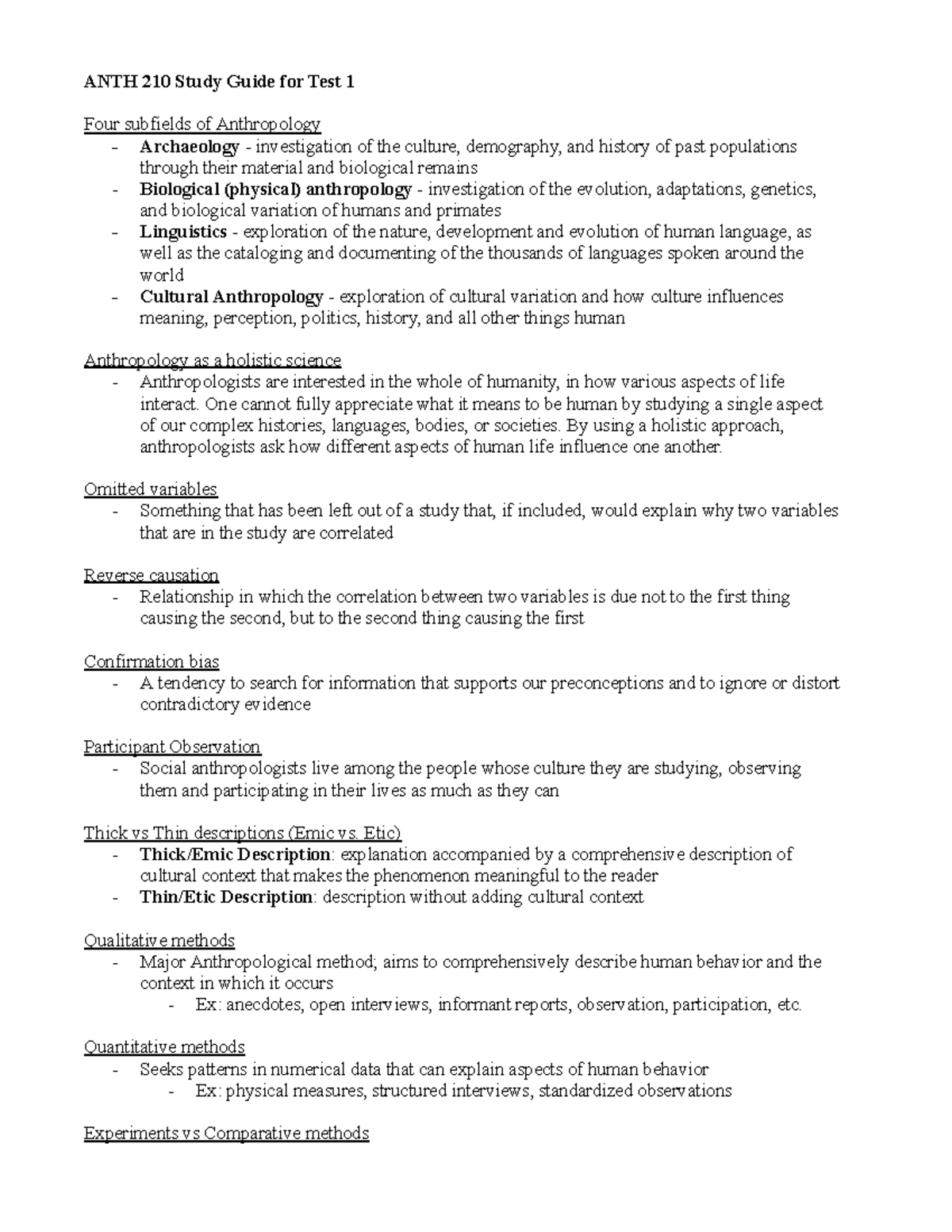 ANTH 210 Study Guide: Key Concepts and Theories for Test 1 - Studocu