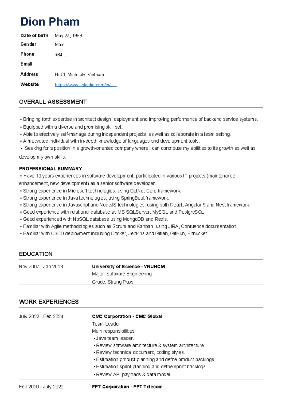 FPT CV - Software Developer Profile and Experience Summary - Studocu