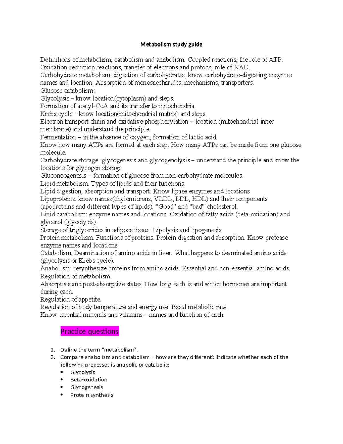 Metabolism Study Guide for A&P 1 (SU17) – Key Concepts & Practice ...