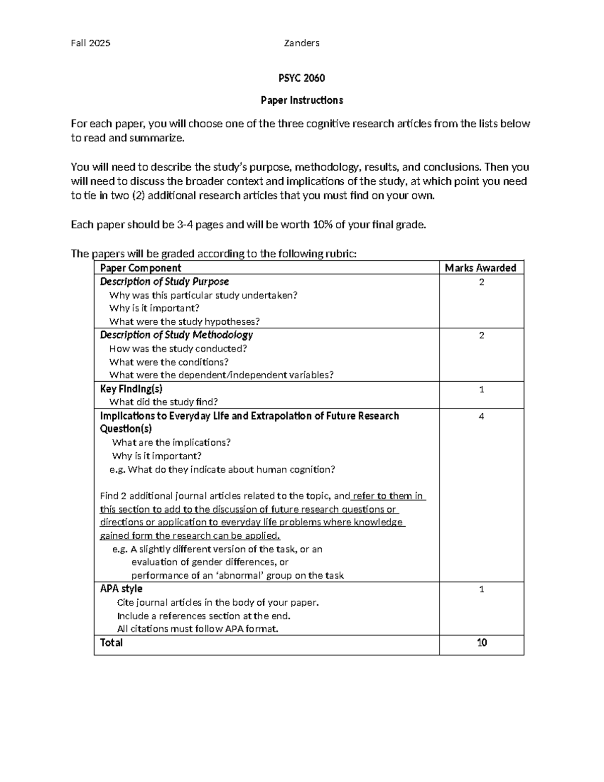 Fall 2025 PSYC 2060 Cognitive Research Paper Guidelines - Studocu
