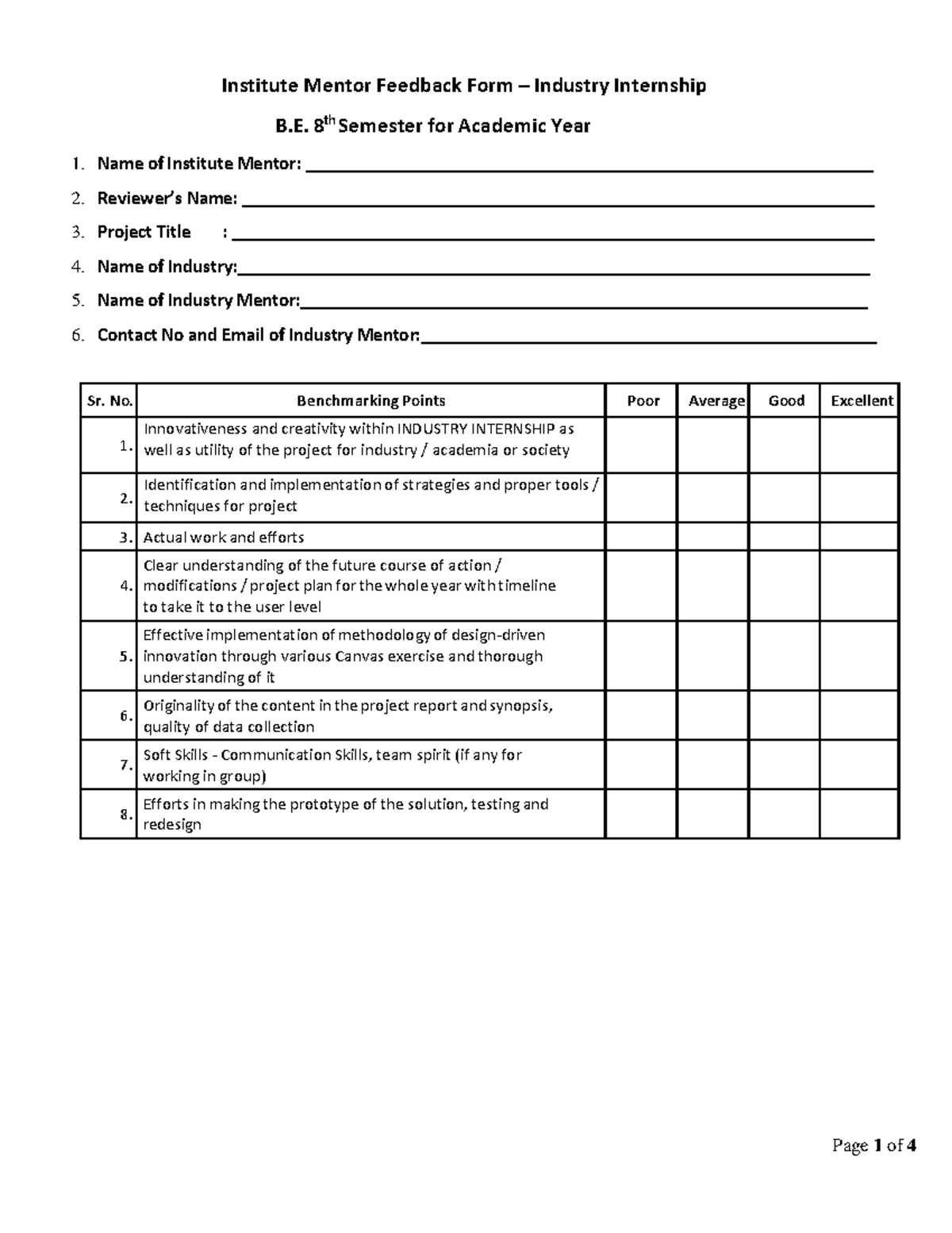B.8 Sem Industry Internship Evaluation Rubrics Form - Studocu