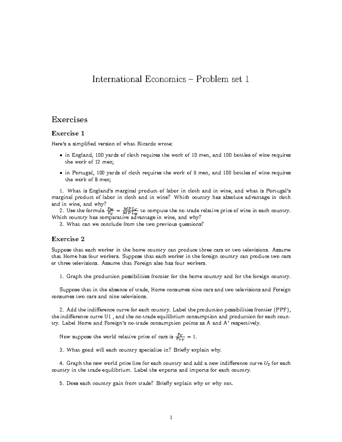 International Economics (ECO 101) Problem Set 1 Exercises - Studocu
