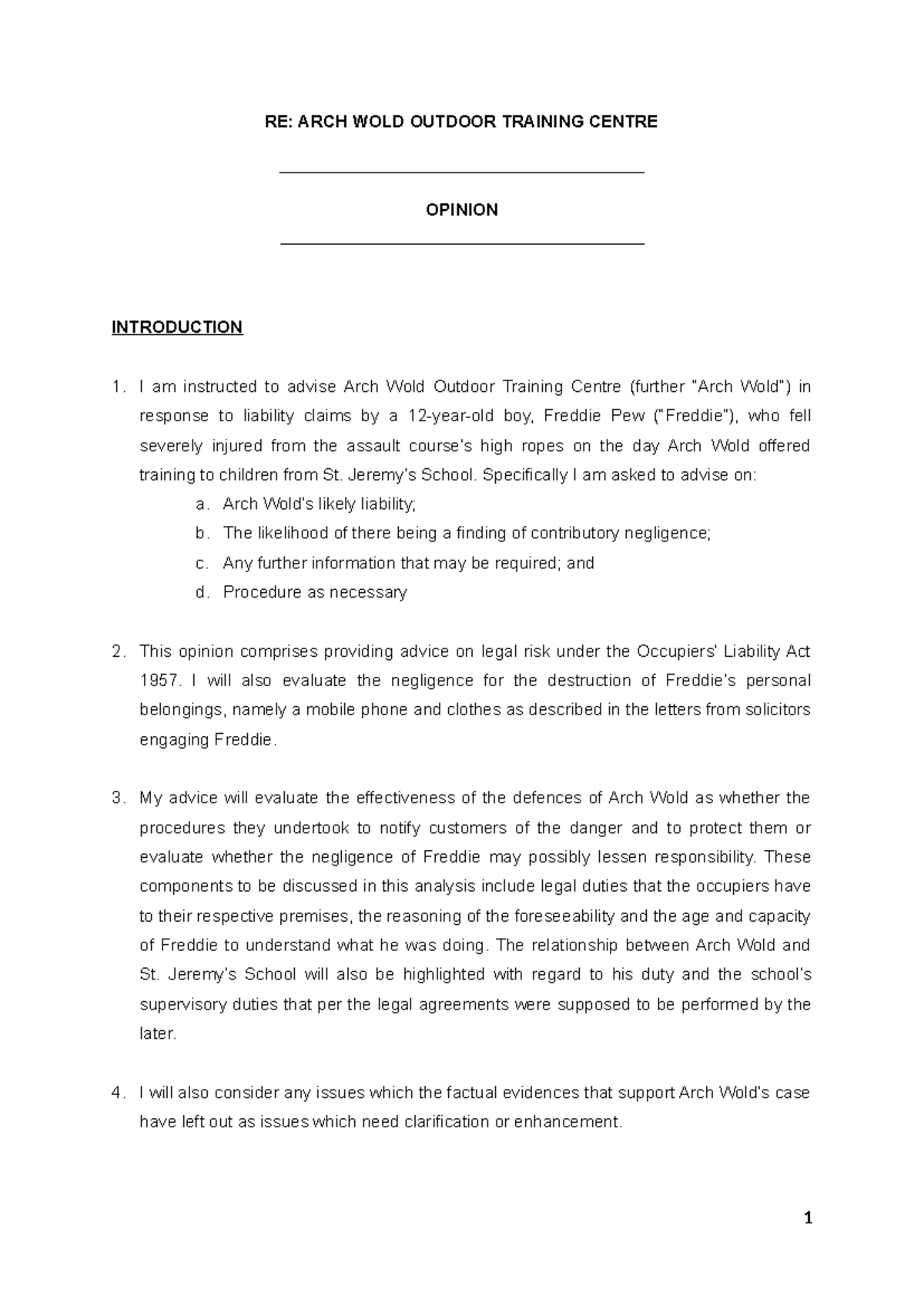 ARCH WOLD OUTDOOR TRAINING CENTRE LIABILITY OPINION ANALYSIS - Studocu