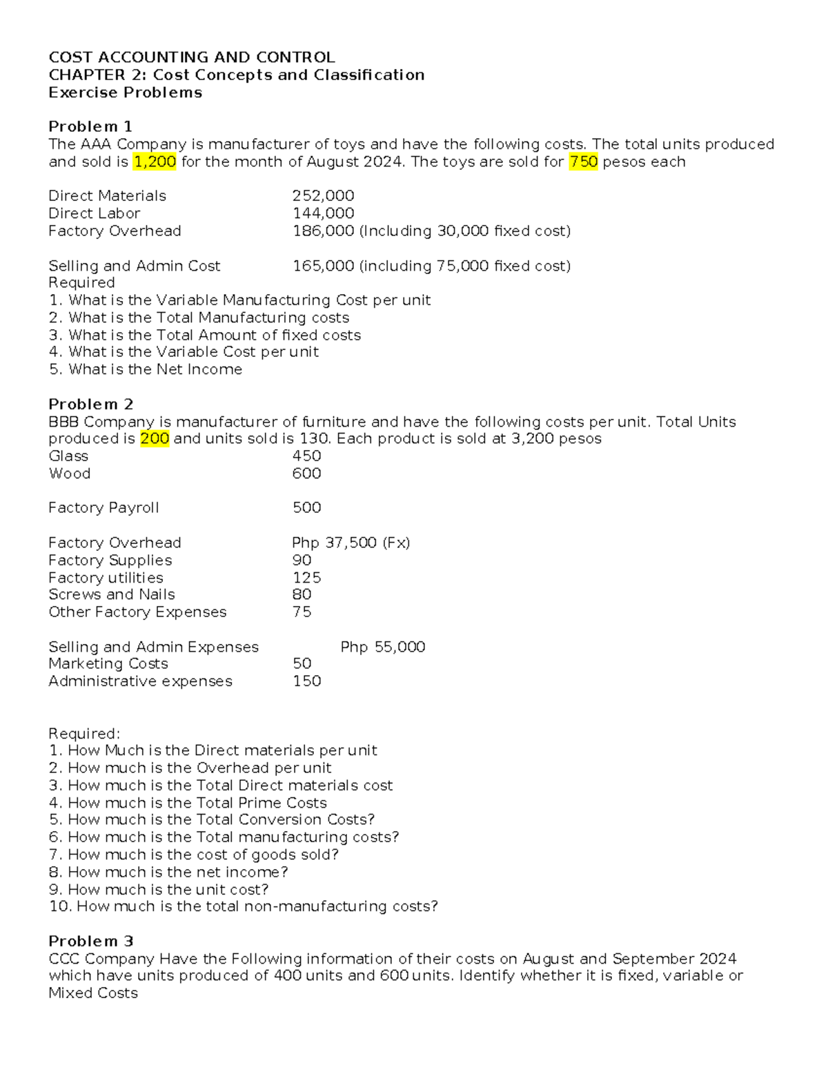 Cost Concepts and Classification - Exercise Problems (ACC 101) - Studocu