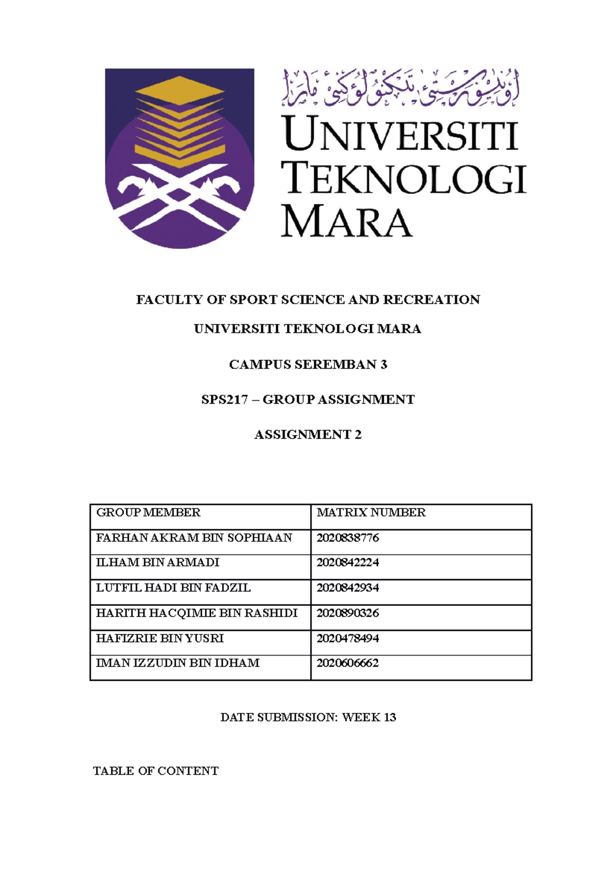 SPS 217 Group Assignment - FACULTY OF SPORT SCIENCE AND RECREATION ...