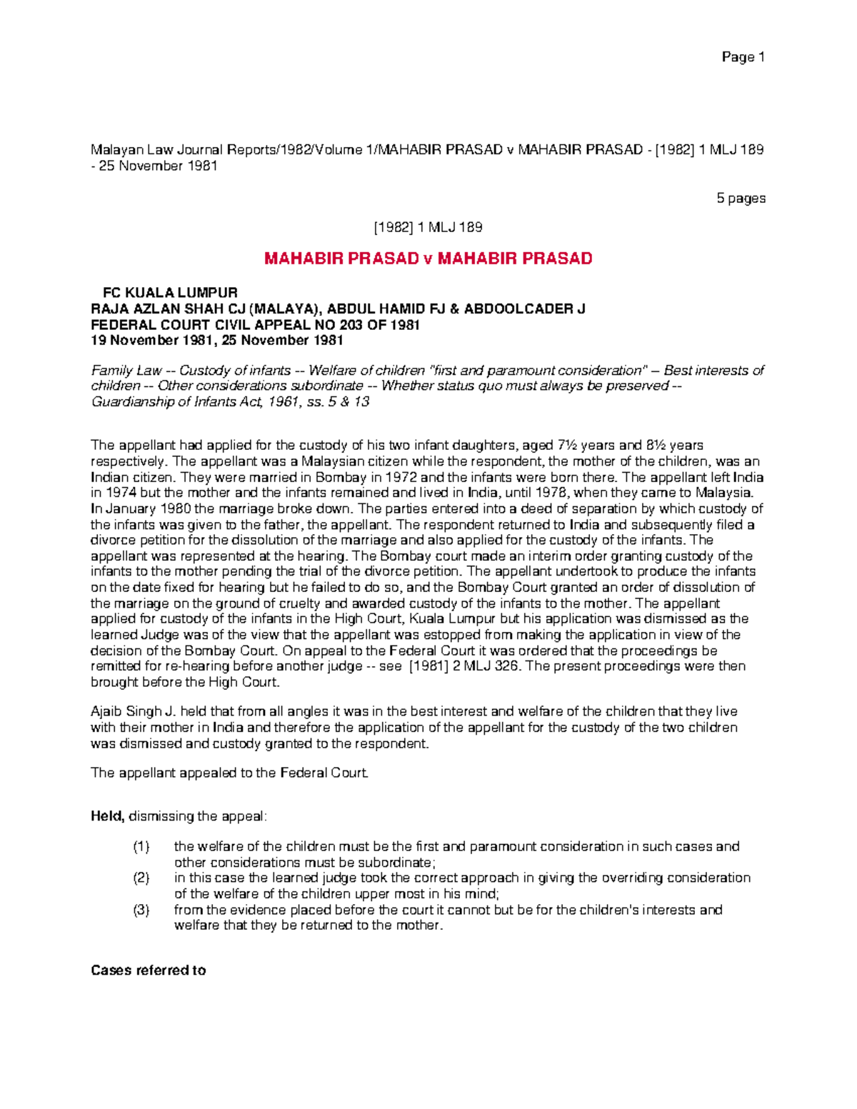 Mahabir Prasad v Mahabir Prasad: Custody Ruling - [1982] 1 MLJ 189 ...