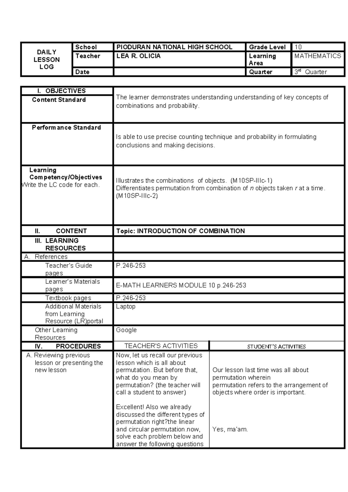 DLP-10: Daily Lesson Plan on Combinations & Probability for Grade 10 ...
